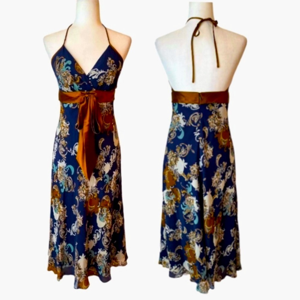 Max & Cleo 100% Silk Halter Maxi Dress NWT Blue Brown Paisley Boho Size 8 - Picture 9 of 10